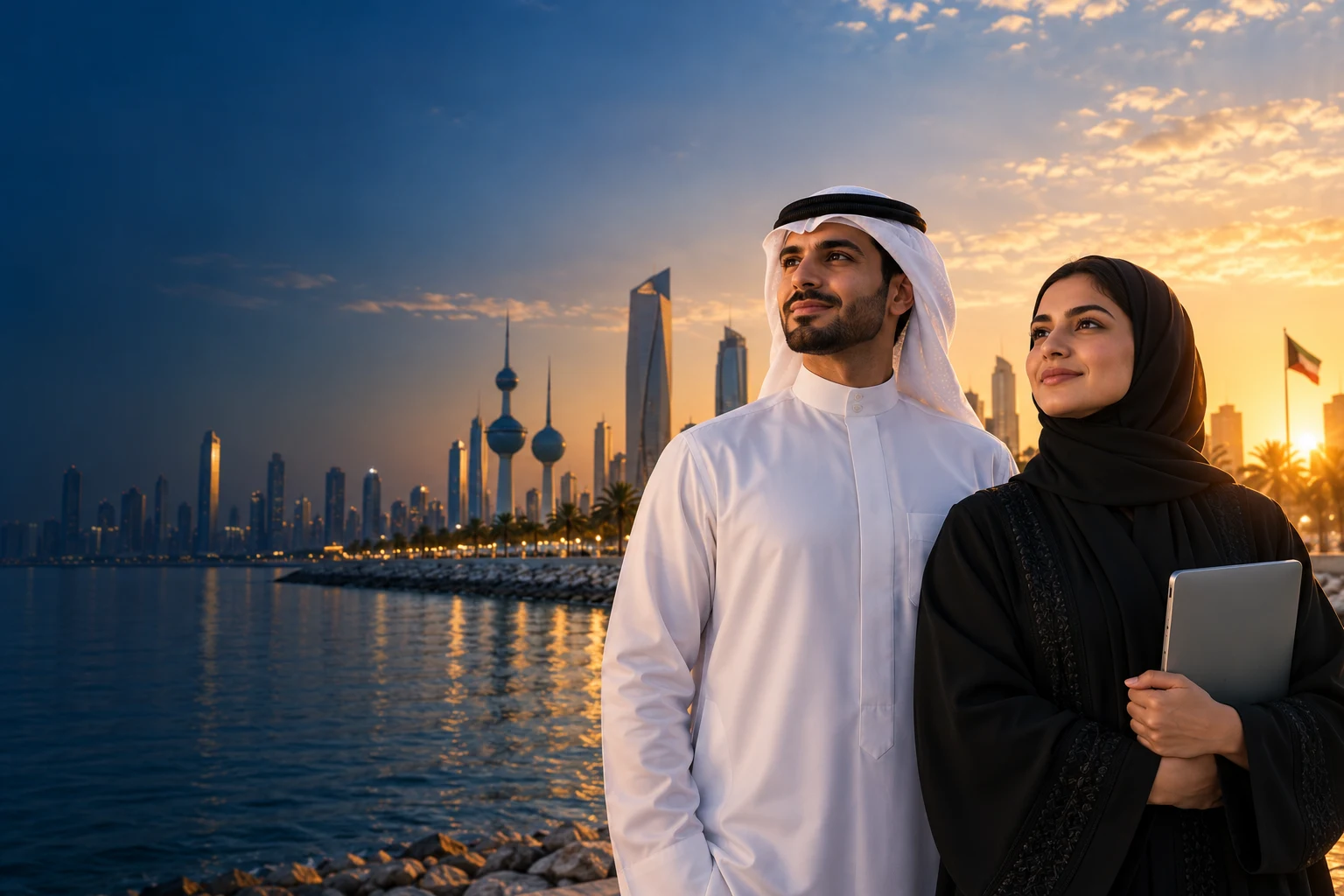 Kuwaiti technology professionals overlooking the Kuwait City skyline